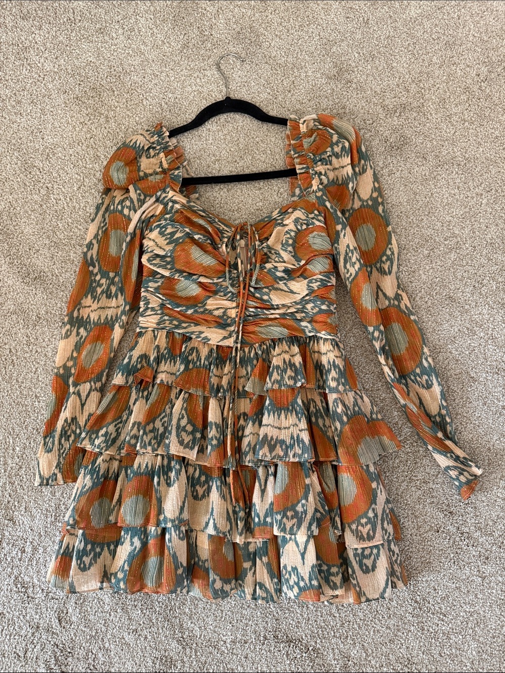 Ulla Johnson Rust & Teal Tiered Ruffle Mini Dress fits like 2